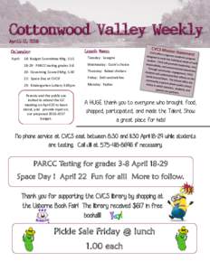 Cottonwood Valley Weekly April 11, 2016 August 17, 2015 Lunch Menu