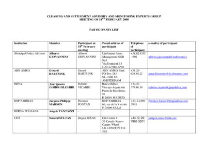 CLEARING AND SETTLEMENT ADVISORY AND MONITORING EXPERTS GROUP