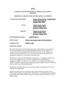 FINAL UNITED STATES ENVIRONMENTAL PROTECTION AGENCY REGION 5 RESOURCE CONSERVATION AND RECOVERY ACT PERMIT Facility Name and Location: