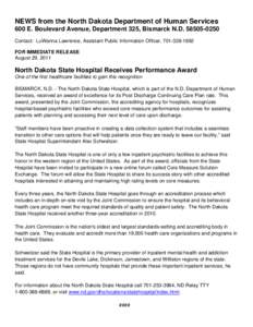 NEWS from the North Dakota Department of Human Services 600 E. Boulevard Avenue, Department 325, Bismarck N.D[removed]Contact: LuWanna Lawrence, Assistant Public Information Officer, [removed]FOR IMMEDIATE RELEAS