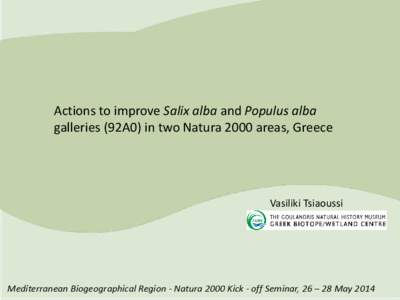 Actions to improve Salix alba and Populus alba galleries (92A0) in two Natura 2000 areas, Greece Vasiliki Tsiaoussi  Mediterranean Biogeographical Region - Natura 2000 Kick - off Seminar, 26 – 28 May 2014