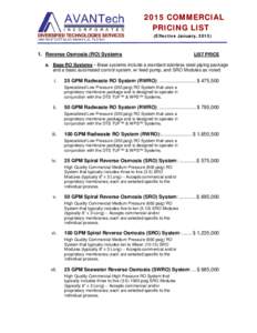 2015 COMMERCIAL PRICING LIST (Effective January, Reverse Osmosis (RO) Systems