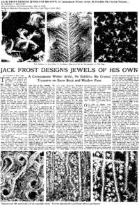 JACK FROST DESIGNS JEWELS OF HIS OWN: A Consummate Winter Artist, He Exhibits His Crystal Treasur... By WILSON A. BENTLEY New York Times[removed]Current file); Feb 19, 1928; ProQuest Historical Newspapers: The New York Tim