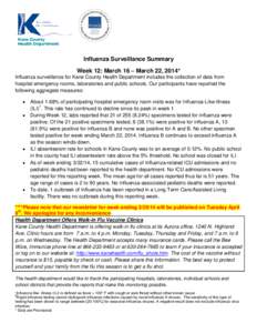 Influenza Surveillance Summary Week 12: March 16 – March 22, 2014* Influenza surveillance for Kane County Health Department includes the collection of data from hospital emergency rooms, laboratories and public schools