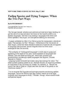 NEW YORK TIMES SCIENCE SECTION, May 27, 2003  Fading Species and Dying Tongues: When