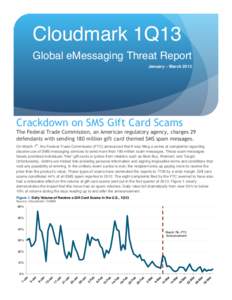 Cloudmark 1Q13 Global eMessaging Threat Report January – March 2013 Crackdown on SMS Gift Card Scams The Federal Trade Commission, an American regulatory agency, charges 29