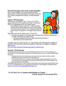 Personal Floatation Device (Life Jacket) Reminder* Here’s a quick refresher on the requirements for personal floatation devices (PFD) when boating. Remember, the Potomac River, between Maryland and Virginia, is actuall