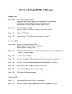 Graduate College Handbook Changes  February 2014 Pages[removed]Three new concurrent degrees: BS Agricultural Systems Technology/MBA Business Administration BS Chemical Engineering/MBA Business Administration