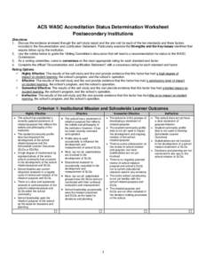 ACS WASC Accreditation Status Determination Worksheet Postsecondary Institutions Directions 1. Discuss the evidence reviewed through the self-study report and the site visit for each of the ten standards and three factor