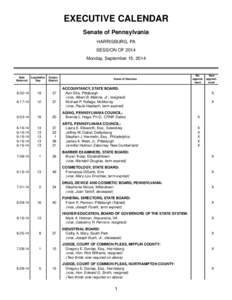 EXECUTIVE CALENDAR Senate of Pennsylvania HARRISBURG, PA SESSION OF 2014 Monday, September 15, 2014