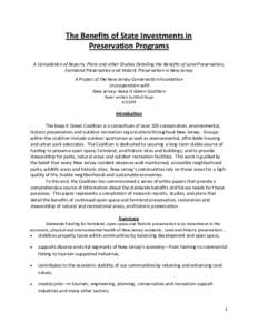 The Benefits of State Investments in  Preservation Programs  A Compilation of Reports, Plans and other Studies Detailing the Benefits of Land Preservation,  Farmland Preservation and Historic Pr