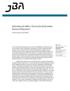 Rethinking the MBA: a Turn to the Field within Business Education? Review Essay by Karl Palmås Page 1 of 4
