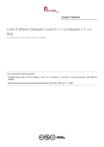 Joseph Calmette  Louis XI [Pierre Champion. Louis XI, t. I. Le Dauphin, t. II. Le