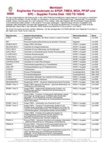 Merkblatt Englischer Formularsatz zu APQP, FMEA, MSA, PPAP und SPC – Supplier Forms Disk / ISO TSUm den Organisationen die Nutzung der in den AIAG Referenzhandbüchern beschriebenen Formulare zu erleichtern und 