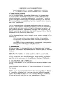 LAMPETER SOCIETY – DRAFT REVISED CONSTITUTION – MAY 2012