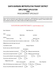 SANTA BARBARA METROPOLITAN TRANSIT DISTRICT EMPLOYMENT APPLICATION FOR PROCUREMENT SPECIALIST ======================================================================================================