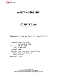 ALEXANDERS INC  FORM DEF 14A (Proxy Statement (definitive))