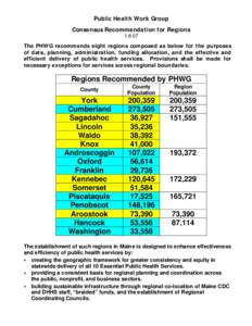 Public Health Work Group Consensus Recommendation for Regions[removed]The PHWG recommends eight regions composed as below for the purposes of data, planning, administration, funding allocation, and the effective and