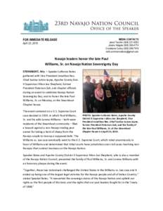 Microsoft Word - FOR IMMEDIATE RELEASE - Navajo leaders honor the late Paul Williams, Sr. on Navajo Nation Sovereignty Day.docx