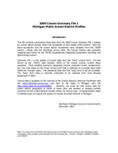 2000 Census Summary File 1 Michigan Public School District Profiles Introduction This file contains summarized block data from the 2000 Census Summary File 1 release for census blocks located within the boundaries of eac