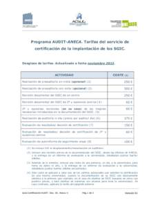 Programa AUDIT-ANECA. Tarifas del servicio de certificación de la implantación de los SGIC. Desglose de tarifas. Actualizado a fecha noviembreACTIVIDAD