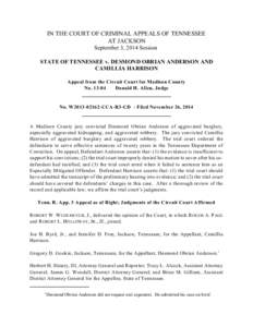 IN THE COURT OF CRIMINAL APPEALS OF TENNESSEE AT JACKSON September 3, 2014 Session STATE OF TENNESSEE v. DESMOND OBRIAN ANDERSON AND CAMILLIA HARRISON Appeal from the Circuit Court for Madison County