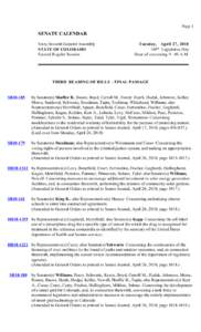 Page 1  SENATE CALENDAR Sixty-Seventh General Assembly STATE OF COLORADO Second Regular Session