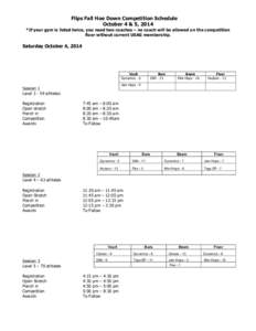 Flips Fall Hoe Down Competition Schedule October 4 & 5, 2014 *If your gym is listed twice, you need two coaches – no coach will be allowed on the competition floor without current USAG membership.  Saturday October 4, 