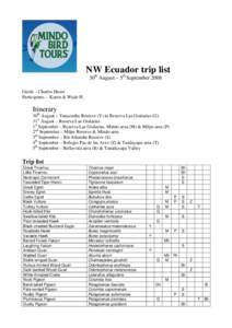 NW Ecuador trip list 30th August – 5th September 2008 Guide – Charles Hesse Participants – Karen & Wade H.  Itinerary
