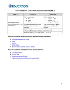 Tennessee State Assessment Information for[removed]Grades K-2 K-2 state assessment (formerly known as SAT 10); district option