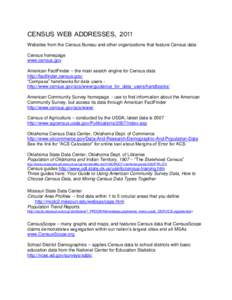 CENSUS WEB ADDRESSES, 2011 Websites from the Census Bureau and other organizations that feature Census data Census homepage www.census.gov American FactFinder – the main search engine for Census data http://factfinder.