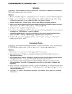 UASOM Objectives by Competency Area Patient Care Competency: Provide patient care that is compassionate, appropriate, and effective for the treatment of health problems and the promotion of health. Objectives: 1. Perform