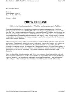 Press Release[removed]PacifiCorp - Interim rate increase  Page 1 of 1 For Immediate Release Contact: