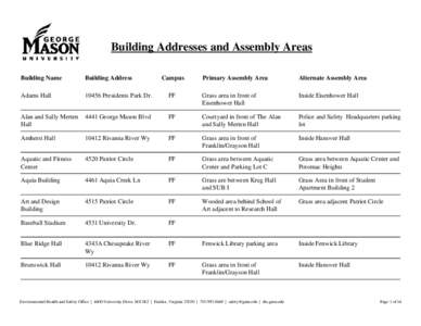 Building Addresses and Assembly Areas Building Name Building Address  Adams Hall