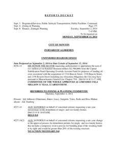 REPORTS DOCKET  Sept. 3: Programs&Services; Public Safety& Transportation; Public Facilities Continued Sept. 4: Zoning & Planning Page 175 Sept. 8: Finance, Zoning& Planning