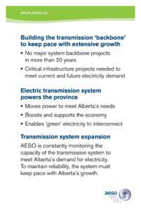 www.aeso.ca  Building the transmission ‘backbone’ to keep pace with extensive growth  • No major system backbone projects