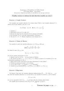 Statistiques et Probabilités, L2 MASS, Partiel[removed], Durée : deux heures Documents, téléphones portables et calculatrices ne sont pas autorisés. Veuillez trouver le tableau des lois discrètes usuelles au vers