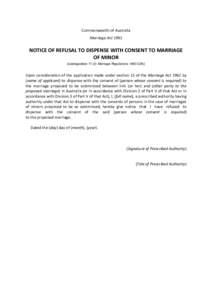 Notice of refusal to dispense with consent to marriage of minor