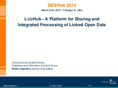 DESWeb 2014 March 31st, 2014 – Chicago, IL, USA L ODHub - A Platform for Sharing and Integrated Processing of Linked Open Data