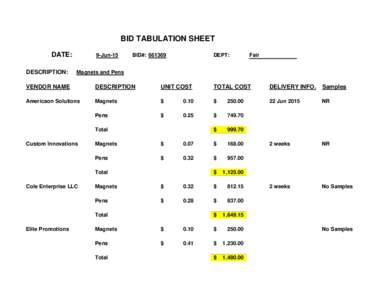 BID TABULATION SHEET DATE: DESCRIPTION: 9-Jun-15