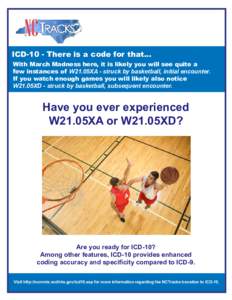 DRAFT For Review  ICD-10 - There is a code for that... With March Madness here, it is likely you will see quite a few instances of W21.05XA - struck by basketball, initial encounter. If you watch enough games you will li