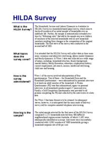 Household /  Income and Labour Dynamics in Australia Survey / Hilda / The Melbourne Institute of Applied Economic and Social Research / Survey on Household Income and Wealth / General Household Survey / Statistics / Economic data / Panel data