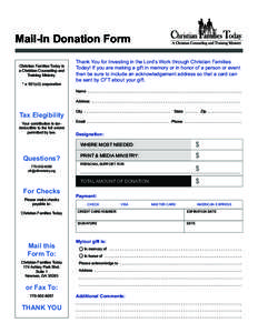 Mail-In Donation Form Christian Families Today is a Christian Counseling and Training Ministry. * a 501(c3) corporation