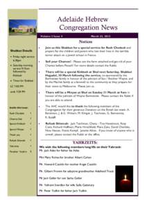 Adelaide Hebrew Congregation News Volume 3 Issue 4 March 23, 2012