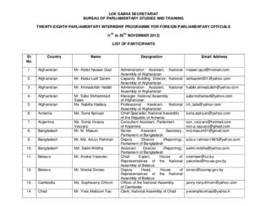 LOK SABHA SECRETARIAT BUREAU OF PARLIAMENTARY STUDIES AND TRAINING TWENTY-EIGHTH PARLIAMENTARY INTERNSHIP PROGRAMME FOR FOREIGN PARLIAMENTARY OFFICIALS (1ST to 30TH NOVEMBERLIST OF PARTICIPANTS Sl.