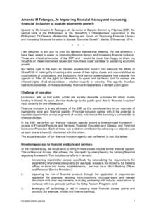 Amando M Tetangco, Jr: Improving financial literacy and increasing financial inclusion to sustain economic growth