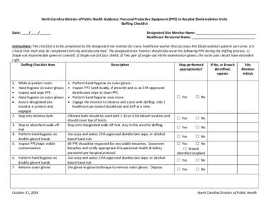 North Carolina Division of Public Health Guidance: Personal Protective Equipment (PPE) in Hospital Ebola Isolation Units Doffing Checklist Date: ____/____/______ Designated Site Monitor Name: ____________________________