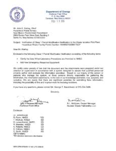 Class 1 Permit Modification Notifications Clarify the Date When Laboratory Procedures are Provided to NMED Add New Emergency Response Equipment Waste Isolation Pilot Plant Carlsbad, New Mexico WIPP Permit Number - NM489