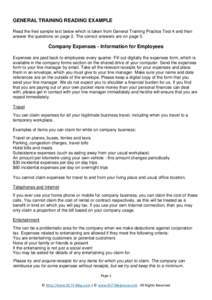 GENERAL TRAINING READING EXAMPLE Read the free sample text below which is taken from General Training Practice Test 4 and then answer the questions on page 2. The correct answers are on page 3. Company Expenses - Informa