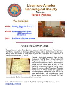 Livermore-Amador Genealogical Society Presents ~ Teresa Parham You Are Invited